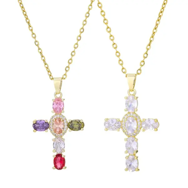 Wholesale Fashion Cross Copper 18k Gold Plated Zircon Pendant Necklace In Bulk
