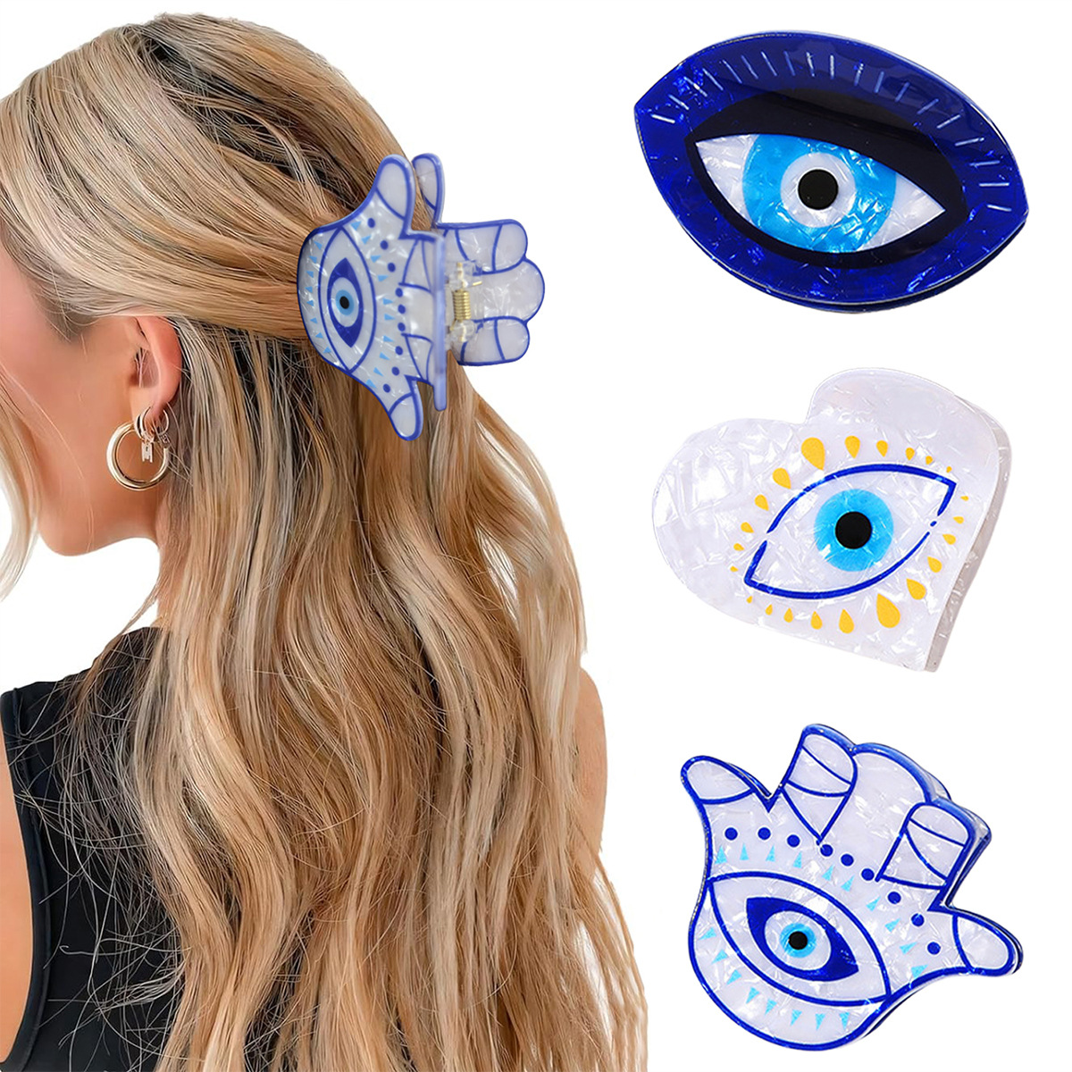 Wholesale New cross-border e-commerce style devil eye hair clip, retro blue eyes, Fatima's hand claw clip, evil eye headband.
