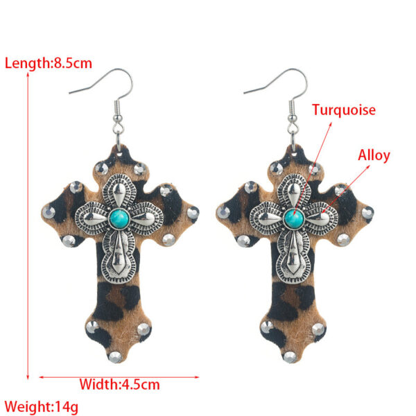 Wholesale Amazon Explosions Earrings European and American Trend Leopard Leather Cross Earrings Alloy Set Turquoise Exaggerated Earrings