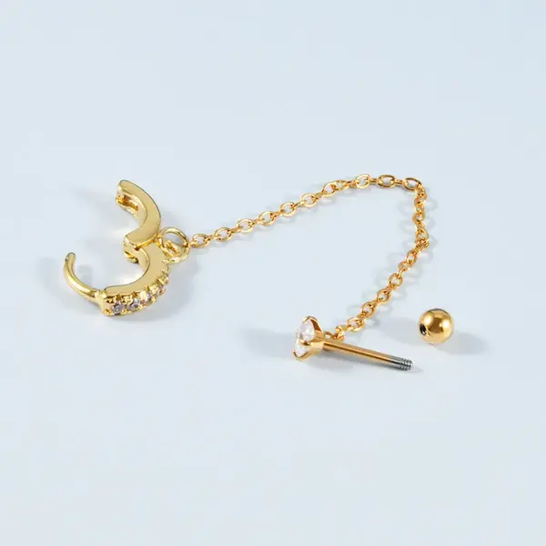 Wholesale 1 Piece Ear Cartilage Rings & Studs Lady Tropical Shiny Chain 304 Stainless Steel Zircon Ion Plating (IP) 18K Gold Plated