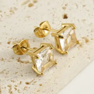 Wholesale 1 Pair Retro Square Inlaid Zircon 304 Stainless Steel Zircon 18K Gold Plated Stainless Steel Earrings