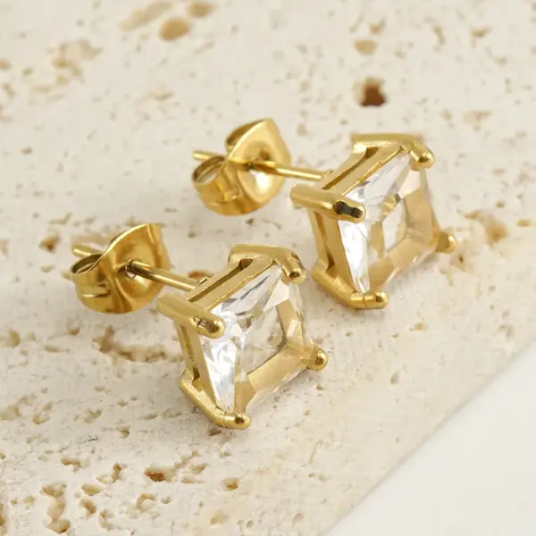 Wholesale 1 Pair Retro Square Inlaid Zircon 304 Stainless Steel Zircon 18K Gold Plated Stainless Steel Earrings