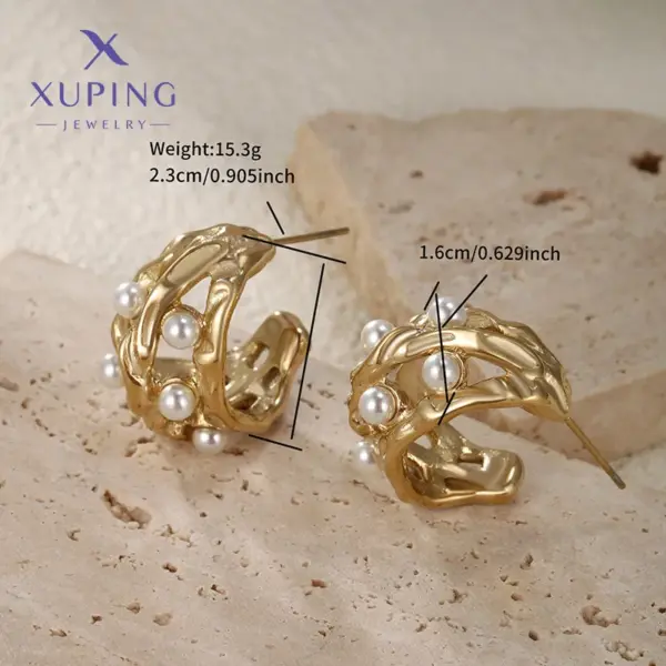 Wholesale 1 Pair Elegant Vintage Style XUPING Geometric Hollow Out Inlay 304 Stainless Steel Artificial Pearls 18K Gold Plated Raw Steel Ear Studs