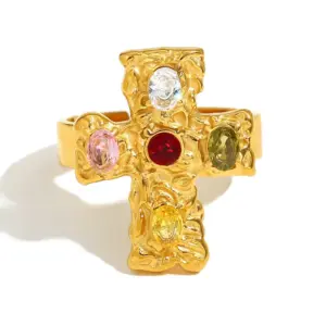 Cross Colorful Crystals Open Ring-Gold
