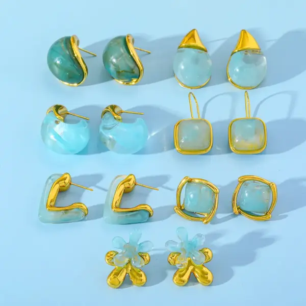 Wholesale Elegant Geometric Resin Embedded 18K Gold Plated Stainless Steel C-Shaped Flower Ear Studs Casual Chic Simple Style For Women