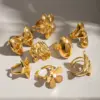 Wholesale 304 Stainless Steel Pentagram Flower Bow Knot PVD Coated 18K Real Gold Plated Sweet Artistic Gold Open Rings