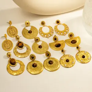 Wholesale 1 Pair Retro Bohemian Round Oval Titanium Steel Natural Stone Drop Earrings