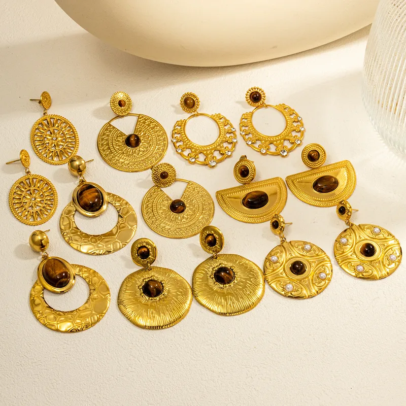 Wholesale 1 Pair Retro Bohemian Round Oval Titanium Steel Natural Stone Drop Earrings