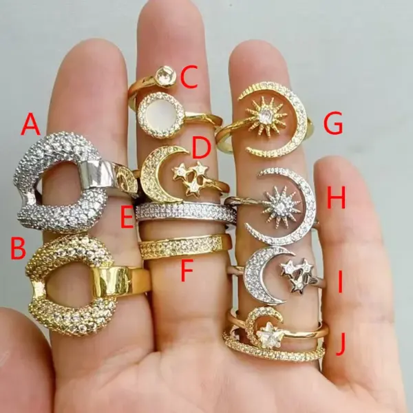 Wholesale Jewelry Elegant Vacation Simple Style Pentagram Sun Moon Copper Zircon 18K Gold Plated White Gold Plated Polishing Inlay Open Rings