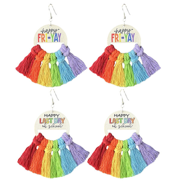 Wholesale Amazon Cross-border Graduation Season Earrings Happy Friday Term Last Day Wooden Braided Tassel Earrings