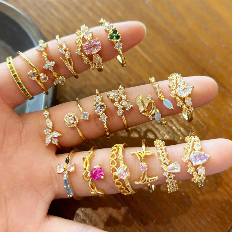 Wholesale Copper Inlay Heart Shape Petal Zircon Open Rings