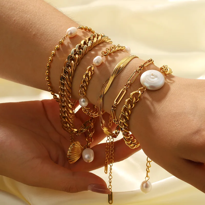 Wholesale 304 Stainless Steel Solid Color Shell PVD Coated Freshwater Pearl 18K Gold Plated 18K Real Gold Plated Real Gold Plated Hip-Hop Vintage Styl