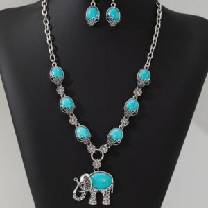 Wholesale Bohemian style jewelry vintage fashion animal elephant turquoise pendant necklace earrings