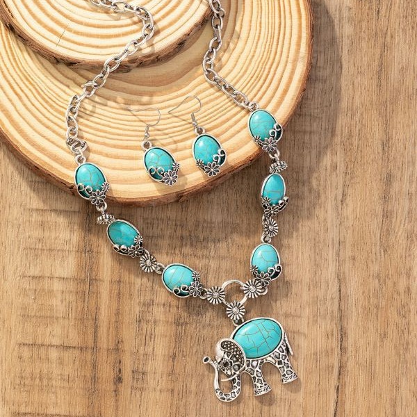 Wholesale Bohemian style jewelry vintage fashion animal elephant turquoise pendant necklace earrings