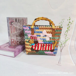 Gray color bamboo handle basket with bow dachshund