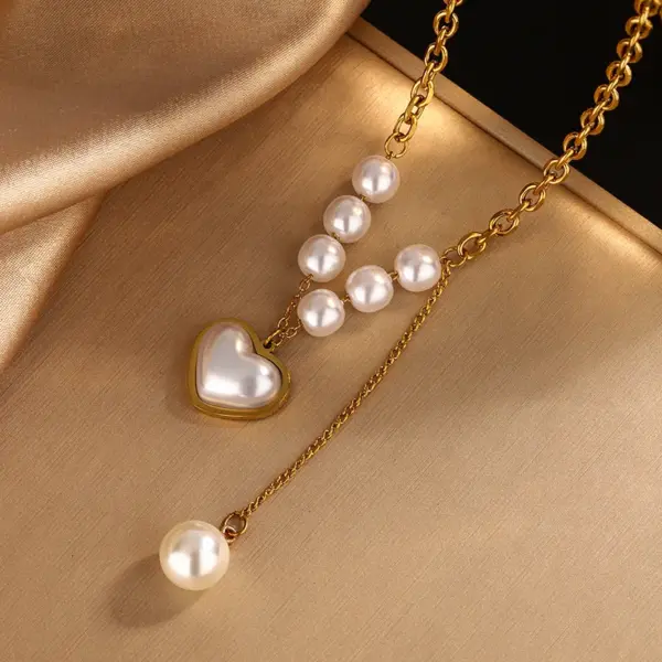 304 Stainless Steel Plastic Heart Shape Ion Plating (IP) 18K Gold Plated Elegant Waterproof Non Tarnish Beaded Pearl Regular Chain Gold Bracelets Necklace Jewelry Set