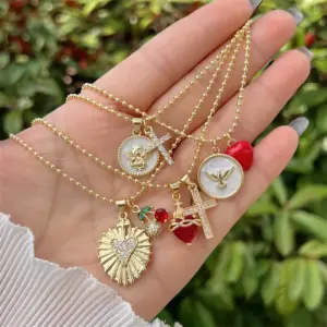 Copper Ball Chain 18K Gold Plated Inlay Cross Heart Shape Zircon Pendant Necklace