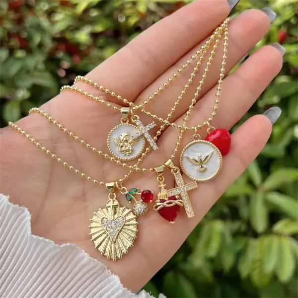 Copper Ball Chain 18K Gold Plated Inlay Cross Heart Shape Zircon Pendant Necklace