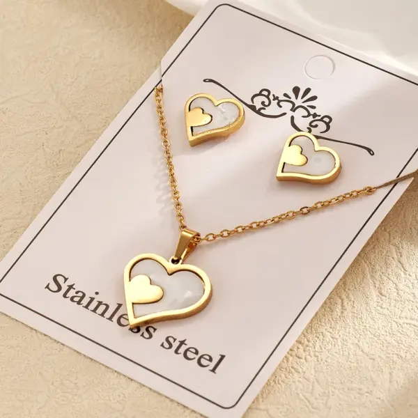 Fashion Style 304 Stainless Steel Water Plated Imitation Gold Double Heart Electroplated Jewelry Set For Women Cable Chain