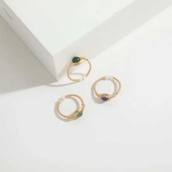 Wholesale Retro Round Natural Stone Copper 14k Gold Plated Rings
