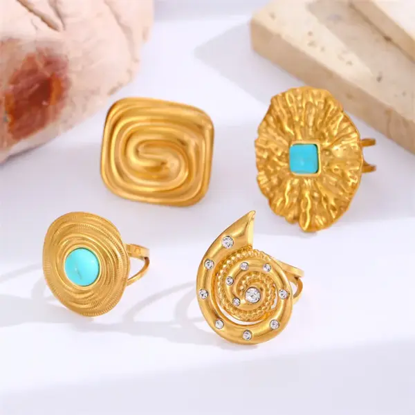 Fashionable Geometric Flower Shell Pattern Stainless Steel Ring Set With Zirconia And Pearl Adjustable Open Ring Elegant And Luxurious