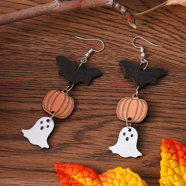 Wholesale Cross Border New Halloween Witch Pumpkin Bat Ghost Pendant Earrings Wooden Double Sided Halloween Earrings Gift