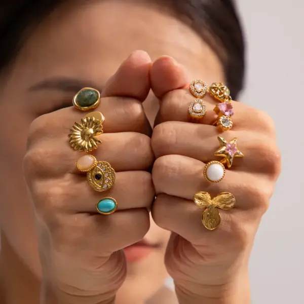 304 Stainless Steel Grid Flower PVD Coated Zircon 18K Real Gold Plated Real Gold Plated IG Style Waterproof Non Tarnish Asymmetrical Plating Open Rings