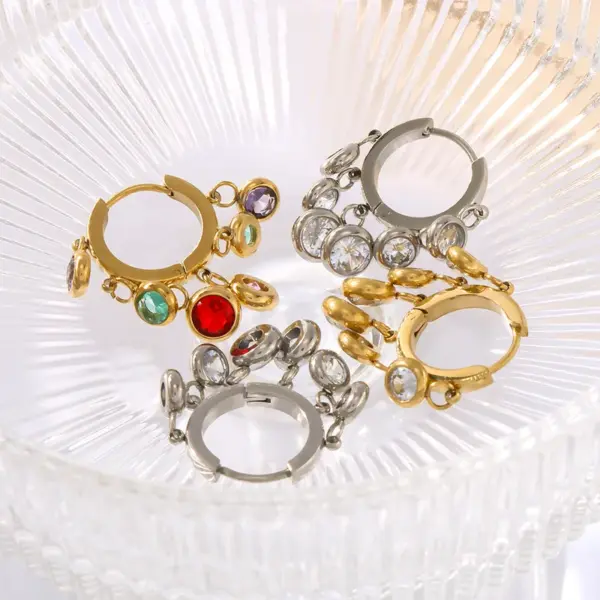 Wholesale 304 Stainless Steel Round Tassel PVD Coated Zircon 18K Gold 18K Real Gold Plated Real Gold Plated Vintage Style Simple Style Waterproof Non Tarnish Plating Inlay Gold Drop Earrings