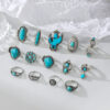 Wholesale Retro Bohemian turquoise cactus carved 14-piece set ring factory direct Amazon New