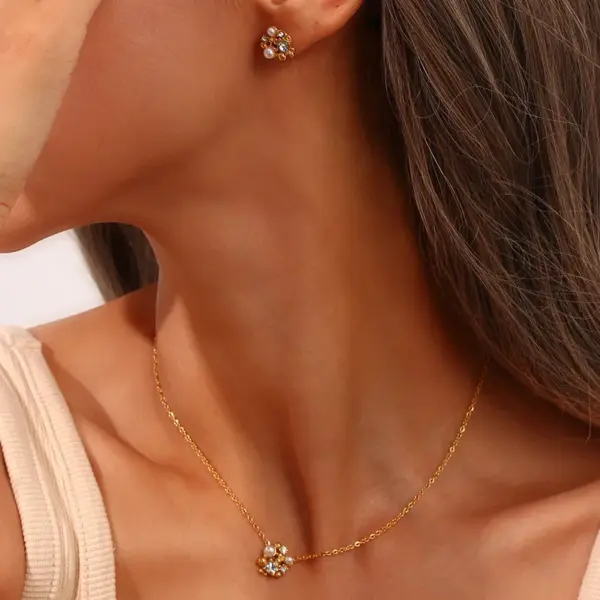 Wholesale PVD Coated Real Gold Plated 18K Gold Flower 304 Stainless Steel Elegant Waterproof Non Tarnish 304 Stainless Steel Earrings Necklace