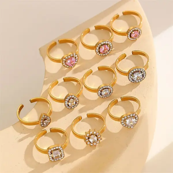 Wholesale Adjustable Open Stainless Steel Ring Geometric Heart Waterdrop Design White Pink Zirconia Embedded Fashionable Unisex Ring