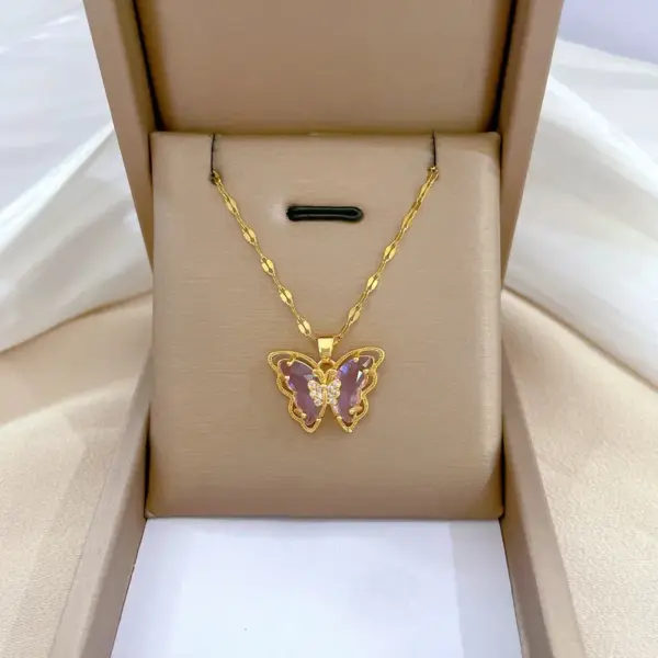 Wholesale Golden Plated 304 Stainless Steel Electroplating Zircon Butterfly Modern Style Pendant Necklace For Women'S
