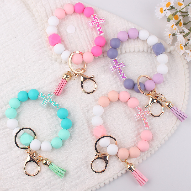 Wholesale New Cartoon Cross Silicone Bracelet Keychain Creative DIY Handmade Beaded Bracelet Women Jewelry