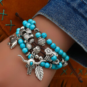 Wholesale European and American New Ethnic Style Bohemian Turquoise Tow Head Elephant Leaf Pendant Handmade Multi-layer Bracelet Bracelet