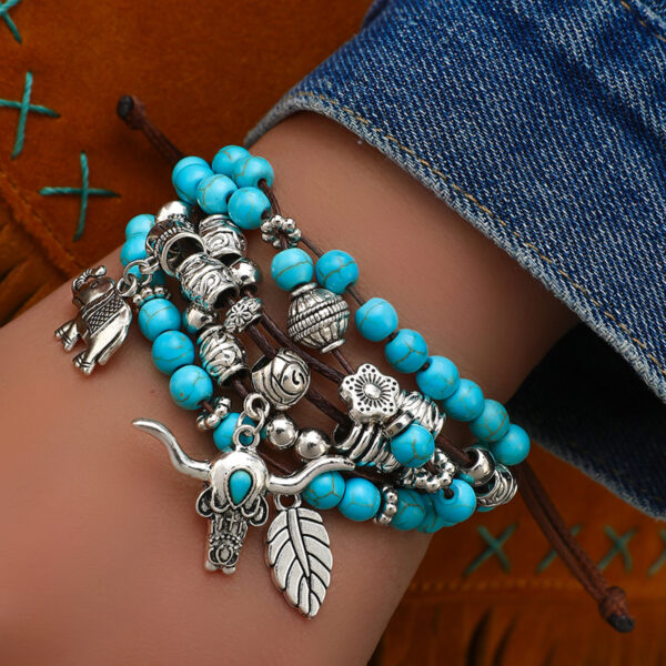 Wholesale European and American New Ethnic Style Bohemian Turquoise Tow Head Elephant Leaf Pendant Handmade Multi-layer Bracelet Bracelet