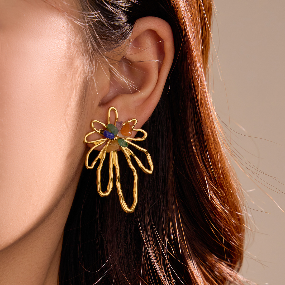 Wholesale Cross-Border European and American Niche High-End Women's Stainless Steel Hollow Petals Inlaid with Colorful Natural Stone Retro Titanium St