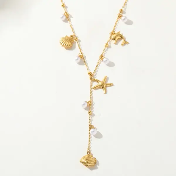 Wholesale PVD Coated Real Gold Plated 18K Gold Tortoise Starfish Shell 304 Stainless Steel Princess Glam Lady Waterproof Non Tarnish 304 Stainless Steel Lobster Trigger Clasp Closure Necklace