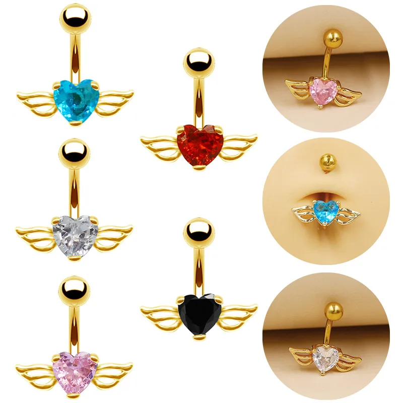 Wholesale 1 Piece Belly Rings Casual Simple Style Heart Shape Wings 316L Stainless Steel Alloy Waterproof Non Tarnish Surgical Steel Zircon Plated Gol
