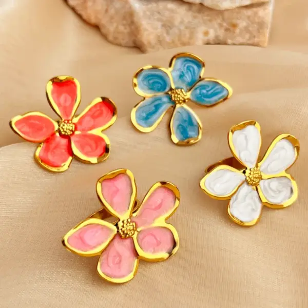 PVD Coated Real Gold Plated 18K Gold Flower 304 Stainless Steel Casual Retro Simple Style Waterproof Non Tarnish Open Rings
