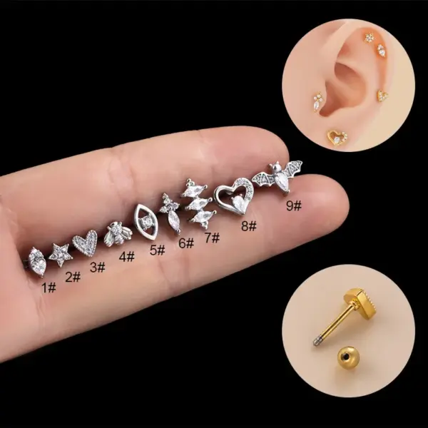 1 Piece 316L Stainless Steel Copper Zircon Ear Cartilage Rings & Studs Heart Shape Waterproof Non Tarnish Surgical Steel Ear Cartilage Rings & Studs