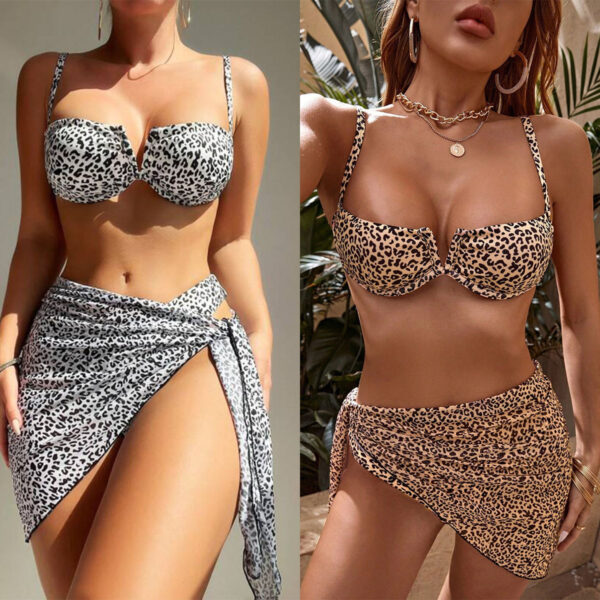 Wholesale Cross-border foreign trade European and American hot girl style split bikini three-piece swimsuit leopard strap beach vacation swimsuit