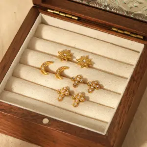 Wholesale PVD Coated Real Gold Plated 18K Gold Cross Moon 304 Stainless Steel Simple Style Waterproof Non Tarnish Ear Studs