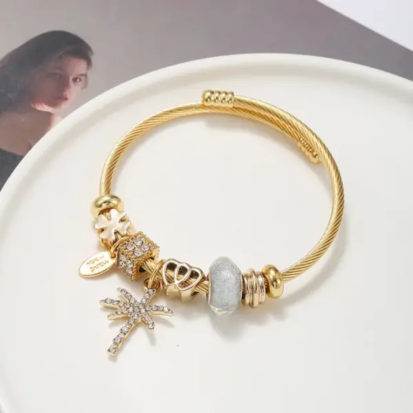 Wholesale Simple Style Letter Coconut Tree Stainless Steel Alloy Resin Inlay Artificial Gemstones Bangle