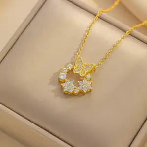 859 White Diamond Donut Butterfly Necklace