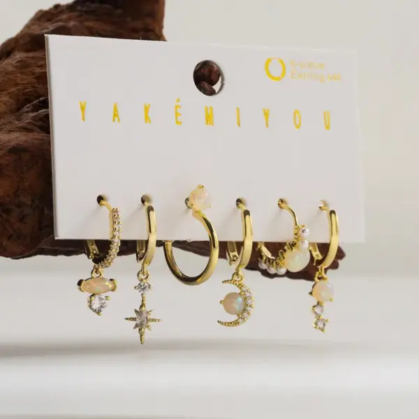 Wholesale Copper 14K Gold Plated Inlay Rainbow Moon Zircon Drop Earrings