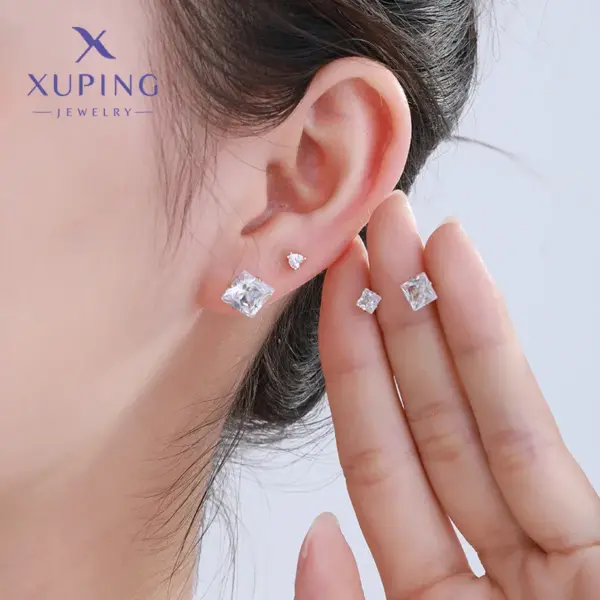 Wholesale 1 Pair XUPING Simple Style Square Inlay 304 Stainless Steel Artificial Gemstones 18K Gold Plated Raw Steel Ear Studs