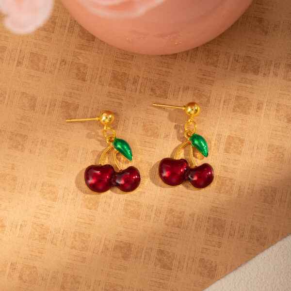Wholesale Ins Style Red Cherry Collarbone Chain Earrings Jewelry suit Women Cross Border Green Leaf Cherry Pendant Necklace Earrings Accessories