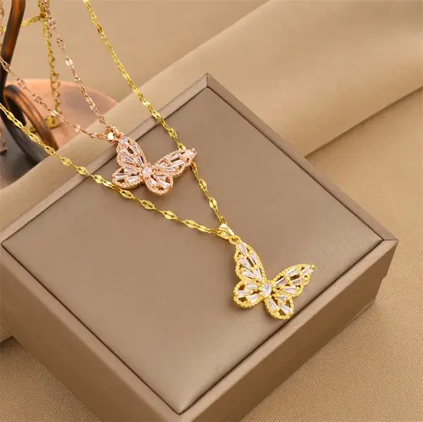Wholesale Real Gold Plated Butterfly 304 Stainless Steel Fashion Waterproof Non Tarnish Pendant Necklace