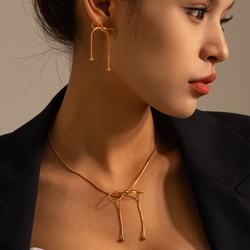 Wholesale PVD Coated Real Gold Plated Bow Knot 304 Stainless Steel Simple Style Waterproof Non Tarnish 304 Stainless Steel Drop Earrings