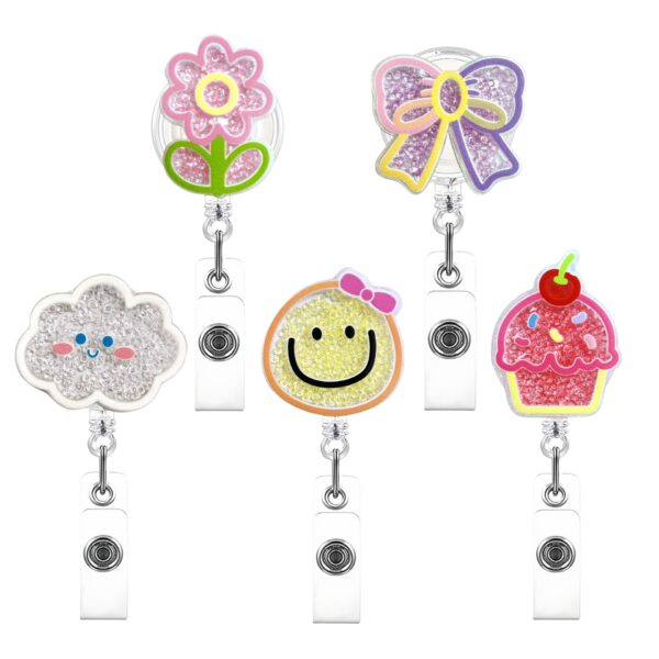 oly-42f201a4aa347d4b66c75464337840de Wholesale New acrylic smiley face flower cute mini quicksand rocking retractable rotating badge clip easy pull buckle